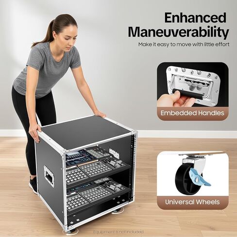رف شبكة متدحرج محمول 12U، رف خزانة خادم متدحرج، رف خادم إطار مفتوح متنقل مع مقابض وعجلة، سعة 220 رطل، خزانة رف صوت/استوديو سوداء شديدة التحمل لـ KTV، المنزل in Kuwait