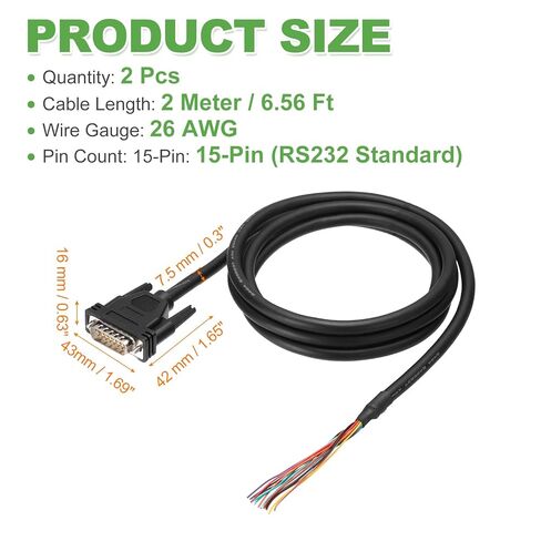 PATIKIL 2 قطعة 6.6 قدم 26AWG DB15 موصل ذكر إلى نهاية السلك العاري RS232 15 دبوس كابل تمديد تسلسلي مزدوج محمية موصل ذكر مطلي بالذهب، أسود in Kuwait