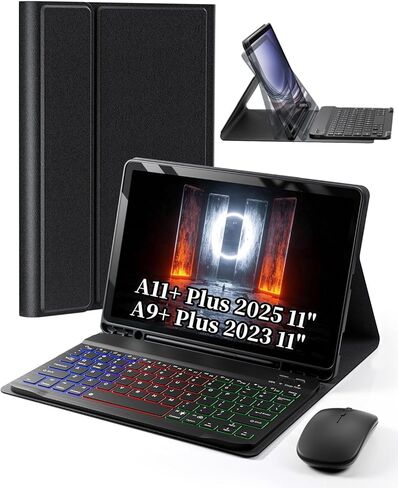 حافظة لوحة مفاتيح لجهاز Galaxy Tab A11 Plus / A9 Plus Tablet 11 بوصة Samsung Tab A11+ (2025) A9+ (2023) 11 بوصة Dazzle Magic Keyboard بإضاءة خلفية وحامل أقلام مدمج مع ماوس أسود in Kuwait