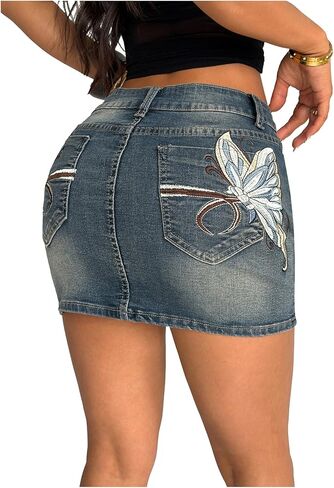 Milumia Women's Butterfly Embroidery Denim Mini Skirt Low Waist Bodycon Jean Skirt with Pockets in Saudi Arabia
