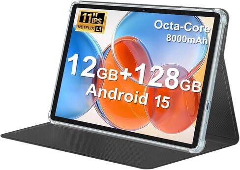 2025 Android 15 tablet,11-inch,Android tablet: Face unlock, 4+8GB+128GB+1TB expandable, octa-core processor, 8000mAh battery with 18W fast charging, WiFi 6.0 + Bluetooth 5.0, includes protective case. in Kuwait
