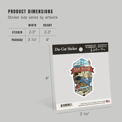 Lantern Press Sticker San Diego, California, Montage, Die Cut Vinyl, (Waterproof Decal for Cars, Water Bottles, Laptops, Coolers), Small in Saudi Arabia