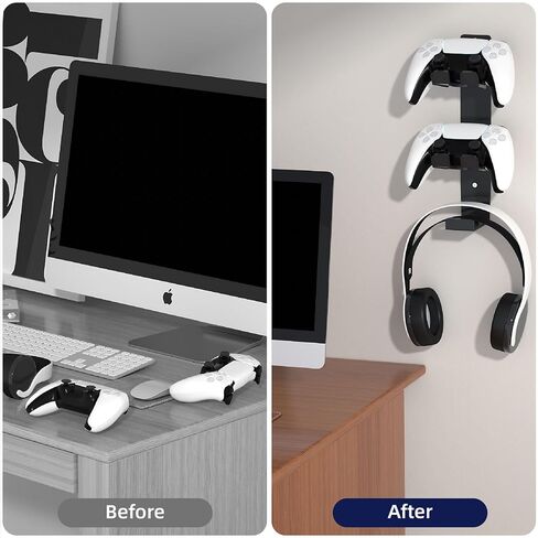 حامل وحدة تحكم مزدوج من ZYTHRONE مثبت على الحائط، حامل سماعة رأس معدني لجهاز PS5، PS4، مع لاصق ثابت 3M، لاصق قوي بواسطة مسامير، أسود in Kuwait