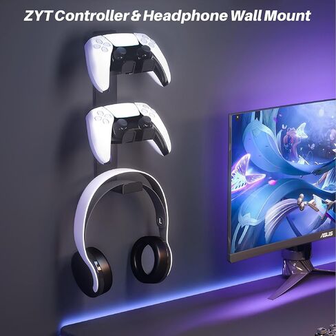 حامل وحدة تحكم مزدوج من ZYTHRONE مثبت على الحائط، حامل سماعة رأس معدني لجهاز PS5، PS4، مع لاصق ثابت 3M، لاصق قوي بواسطة مسامير، أسود in Kuwait