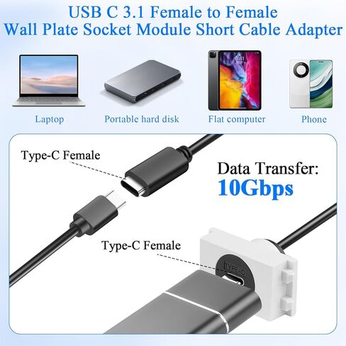QIANRENON 23*36mm USB C 3.0 Wall Plate Socket Module Short Cable Connector 10Gbps Type C Female to Female Insert Panel Socket Data Adapter 5V3A Charging, for 0.9*1.42in Slot 86/128 Panel, 25cm/9.8in in Saudi Arabia