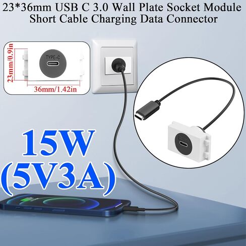 QIANRENON 23*36mm USB C 3.0 Wall Plate Socket Module Short Cable Connector 10Gbps Type C Female to Female Insert Panel Socket Data Adapter 5V3A Charging, for 0.9*1.42in Slot 86/128 Panel, 25cm/9.8in in Saudi Arabia