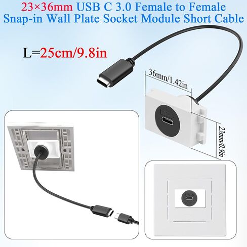 QIANRENON 23*36mm USB C 3.0 Wall Plate Socket Module Short Cable Connector 10Gbps Type C Female to Female Insert Panel Socket Data Adapter 5V3A Charging, for 0.9*1.42in Slot 86/128 Panel, 25cm/9.8in in Saudi Arabia