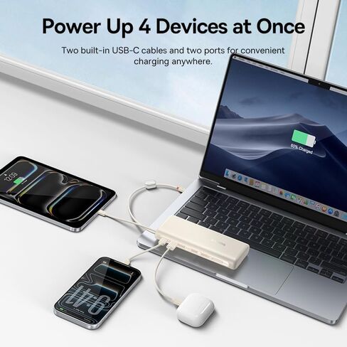 Baseus Portable Charger with Built in Cable, 100W Laptop Power Bank 20000mAh Bundle with Picogo 100W USB C Charger, 3-Port Multi-Device Fast Charging Laptop Charger with Smart Display & Touch Control in Saudi Arabia
