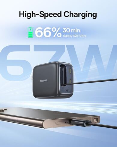 شاحن Baseus Enercore CJ11 USB C قابل للسحب، كتلة شحن سريعة 67 وات 3 في 1 مع قابس قابل للطي وشاحن حائط USB C 65 وات من Baseus in Saudi Arabia