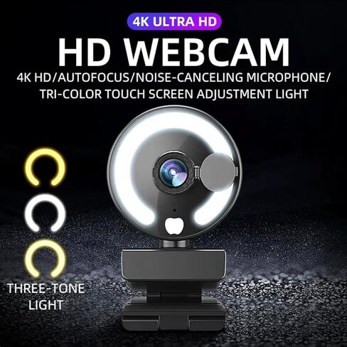كاميرا ويب بدقة 4K عالية الدقة مزودة بإضاءة، وكاميرا ويب مزودة بميكروفون، وتقليل الضوضاء، وعدسة واسعة الزاوية، وضبط تلقائي للضوء، وكاميرا ويب USB للتوصيل والتشغيل لأجهزة الكمبيوتر المحمولة، وأجهزة الكمبيوتر المكتبية، وأجهزة الكمبيوتر الشخصية، وأجهزة Mac،  in Kuwait