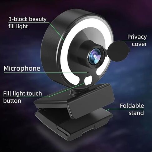 كاميرا ويب بدقة 4K عالية الدقة مزودة بإضاءة، وكاميرا ويب مزودة بميكروفون، وتقليل الضوضاء، وعدسة واسعة الزاوية، وضبط تلقائي للضوء، وكاميرا ويب USB للتوصيل والتشغيل لأجهزة الكمبيوتر المحمولة، وأجهزة الكمبيوتر المكتبية، وأجهزة الكمبيوتر الشخصية، وأجهزة Mac،  in Kuwait