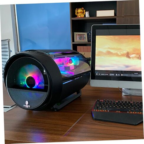 حافظة كمبيوتر ألعاب HOMSFOU Matx مع زجاج مقوى RGB، هيكل كمبيوتر مستدير لتبريد المياه للمكتب المنزلي، صندوق مضيف لسطح المكتب بلوحة جانبية سوداء in Kuwait