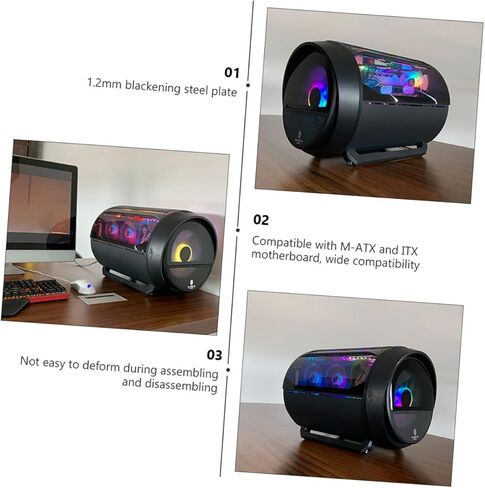 حافظة كمبيوتر ألعاب HOMSFOU Matx مع زجاج مقوى RGB، هيكل كمبيوتر مستدير لتبريد المياه للمكتب المنزلي، صندوق مضيف لسطح المكتب بلوحة جانبية سوداء in Kuwait