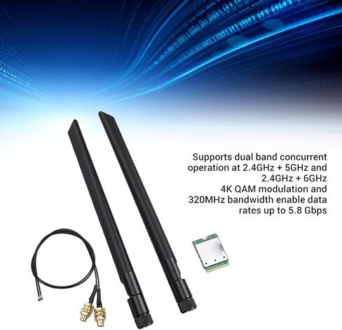 بطاقة شبكة WiFi 7 M.2، محول لاسلكي 2.4 جيجا هرتز 5 جيجا هرتز 6 جيجا هرتز ثلاثي النطاق 5.8 جيجا بايت في الثانية مع هوائيات مزدوجة دعم 4K QAM، لـ 11 جهاز كمبيوتر محمول in Kuwait