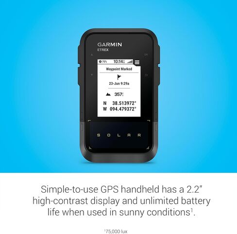 Garmin eTrex® Solar، جهاز ملاح محمول بنظام تحديد المواقع العالمي (GPS)، عمر بطارية غير محدود، مقاوم للماء (متجدد) in Saudi Arabia