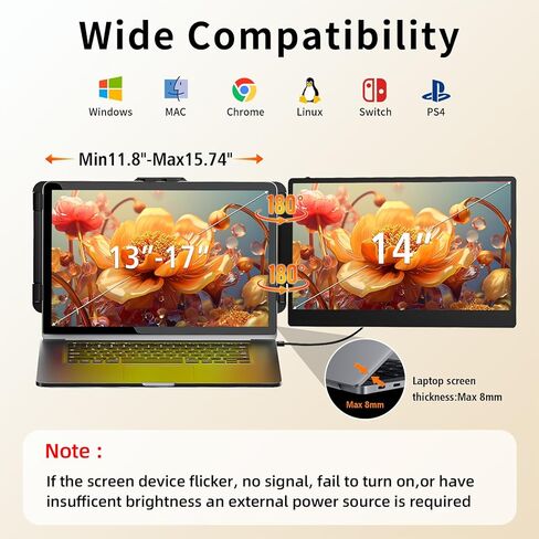 شاشة موسع لشاشة الكمبيوتر المحمول - 14 بوصة محمولة IPS FHD 1080P HDMI/USB-A/Type-C شاشة مزدوجة ممتدة لأجهزة الكمبيوتر المحمولة (الطول الأقصى: 15.94 بوصة) متوافقة مع Windows Mac Travel Gaming Work in Saudi Arabia
