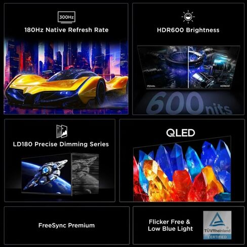 TCL 27 بوصة G64 Series QHD HDR QD-Mini LED، 2560x1440، 180 هرتز، 1 مللي ثانية GTG، سطوع HDR600، AMD FreeSync، مكبرات صوت ستيريو مدمجة، حامل قابل للتعديل، شاشة ألعاب أسود ورمادي 27G64 (متجدد) in Kuwait