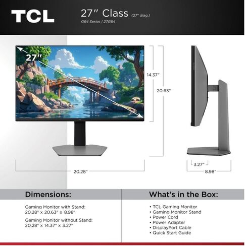 TCL 27 بوصة G64 Series QHD HDR QD-Mini LED، 2560x1440، 180 هرتز، 1 مللي ثانية GTG، سطوع HDR600، AMD FreeSync، مكبرات صوت ستيريو مدمجة، حامل قابل للتعديل، شاشة ألعاب أسود ورمادي 27G64 (متجدد) in Kuwait