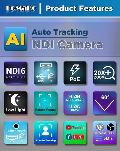FoMaKo NDI PTZ Camera, AI Auto-Tracking Gen 3, 20x Optical Zoom, KC800 4K HDMI Video Switcher Integrated Pro PTZ Controller for Church Live Services, Stage Shows Streaming(FMK20UH NDI-BX3+KC800) in Saudi Arabia