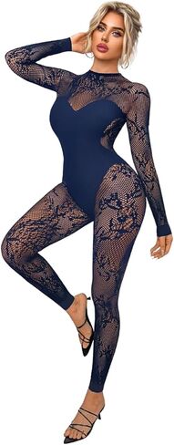 المرأة مثير شبكة Bodycon Jumspuit، طويلة الأكمام قطعة واحدة شبكة صيد السمك الدانتيل ارتداءها، ملصق عيد ميلاد الخروج ملابس النادي in Saudi Arabia