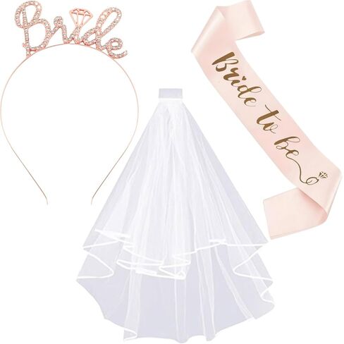 3 Pcs Bride to Be Sash, Tiara Rhinestone Headband & Shoulder-Length Veil with Comb for Bachelorette Party, Bridal Shower, Wedding Gifts & Favors (Gold) in Saudi Arabia