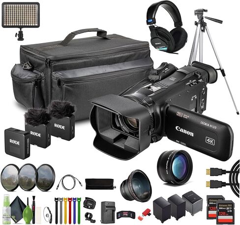 حزمة كاميرا الفيديو LEGRIA HF G70 PAL UHD 4K من Canon مع بطاقتي ذاكرة سعة 128 جيجابايت + سماعات رأس استريو احترافية MDR-7506 + حامل ثلاثي القوائم + طقم تنظيف + ضوء LED + نظام ميكروفون لاسلكي مدمج لشخصين in Kuwait