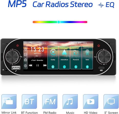 CAMECHO Single Din Radio Car Stereo with Wireless CarPlay & Android Auto 5.1" IPS Touchscreen with Bluetooth 5.2 Car Audio Receiver AM&FM, EQ, SWC, TF, AUX＆USB, Fast Charging, Backup Camera+MIC in Saudi Arabia