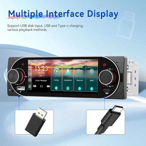 CAMECHO Single Din Radio Car Stereo with Wireless CarPlay & Android Auto 5.1" IPS Touchscreen with Bluetooth 5.2 Car Audio Receiver AM&FM, EQ, SWC, TF, AUX＆USB, Fast Charging, Backup Camera+MIC in Saudi Arabia