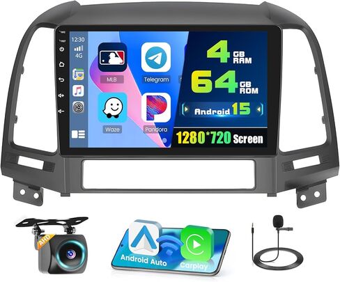 4G+64G for Hyundai Santa Fe IX45 2006-2012 Android 15 Car Stereo Wireless Apple Carplay Android Auto, 9 inch IPS 1280 * 720 Touch Screen Radio DSP 5G WiFi Bluetooth+Free AHD Backup Cam in Saudi Arabia