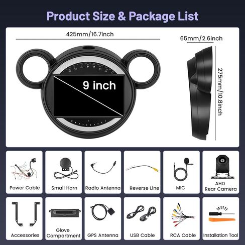 [4+64G] ستيريو سيارة Hikity Android 15 لسيارة BMW Mini Cooper Countryman Paceman 2011-2013، شاشة لمس 9 بوصة راديو Carplay/Android Auto GPS Navigation WiFi Bluetooth AHD كاميرا احتياطية in Saudi Arabia