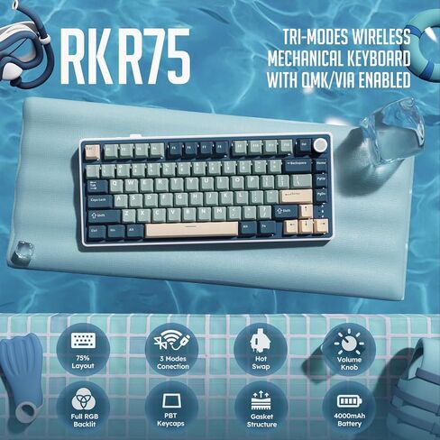 لوحة مفاتيح ميكانيكية لاسلكية RK ROYAL KLUDGE R75 ومجموعة ماوس M30 وردي، حامل حشيات لوحة مفاتيح الألعاب المخصصة بنسبة 75%، 24000 نقطة لكل بوصة، ماوس لاسلكي خفيف الوزن للغاية 43 جرام للكمبيوتر/جهاز Mac in Saudi Arabia