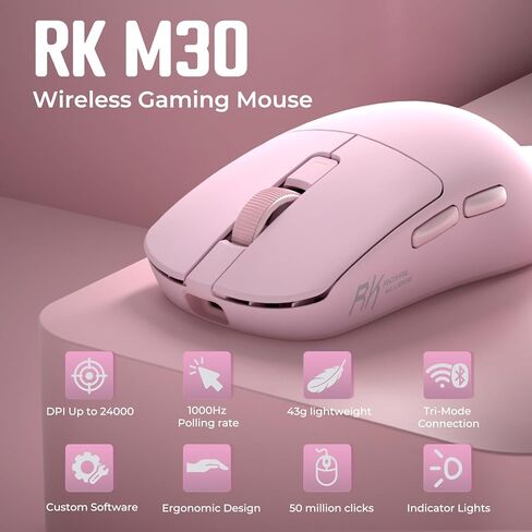لوحة مفاتيح ميكانيكية لاسلكية RK ROYAL KLUDGE R75 ومجموعة ماوس M30 وردي، حامل حشيات لوحة مفاتيح الألعاب المخصصة بنسبة 75%، 24000 نقطة لكل بوصة، ماوس لاسلكي خفيف الوزن للغاية 43 جرام للكمبيوتر/جهاز Mac in Saudi Arabia