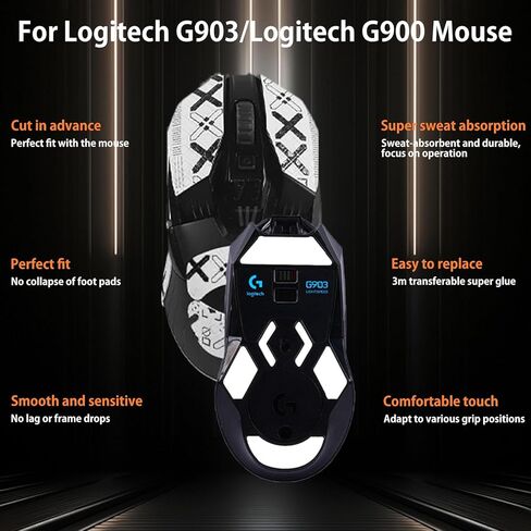 Mouse Grip Tape for Logitech G903/Logitech G900, Rounded Curved Edges Mouse Feet Skates,Self-Adhesive PreCut Sweat-Resistant Professional Mice Upgrade Kit(Foot pad + White Mouse Grip Tape) in Saudi Arabia