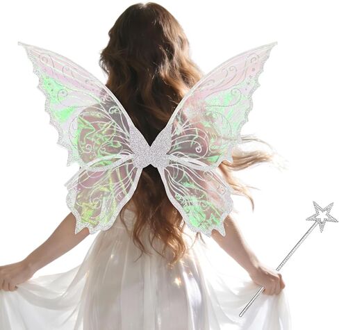 Yezmo Fairy Wings، مجموعة أزياء Fairy Wings للبالغين والنساء وأجنحة الفراشة مع عصا سحرية على شكل نجمة لفستان الهالوين (أبيض) in Kuwait