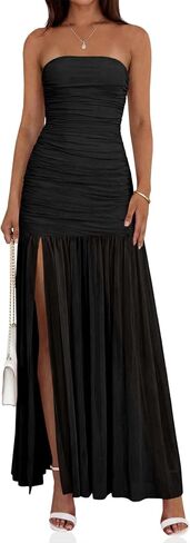 فستان نسائي صيفي من Wenrine بدون حمالات شبكي مثير ومكشكش ومرقعة بفتحة عالية وطويل لحفلات الكوكتيل in Kuwait