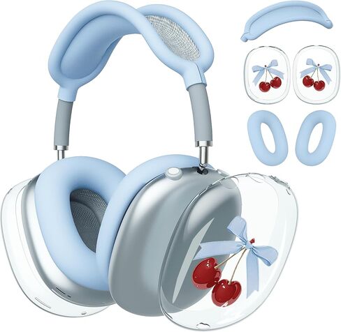 غطاء سماعة الرأس لـ AirPods Max، أغطية أذن شفافة على شكل قوس الكرز اللطيف، غطاء وسادة أذن من السيليكون الأزرق لغطاء رأس Apple AirPods Max in Kuwait