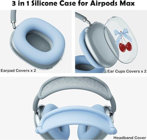 غطاء سماعة الرأس لـ AirPods Max، أغطية أذن شفافة على شكل قوس الكرز اللطيف، غطاء وسادة أذن من السيليكون الأزرق لغطاء رأس Apple AirPods Max in Kuwait