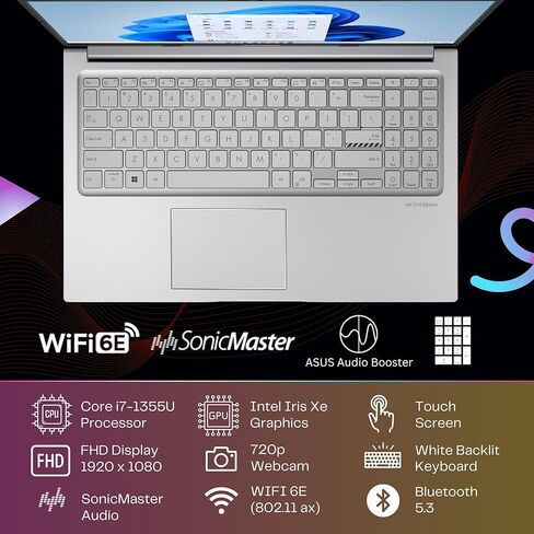 كمبيوتر محمول ASUS Vivobook 15 Business، شاشة لمس FHD مقاس 15.6 بوصة، Intel 10-Core i7-1355U(5 جيجاهرتز)، لوحة مفاتيح بإضاءة خلفية، Wi-Fi 6E، SonicMaster، لوحة مفاتيح رقمية، فضي، Windows 11 Home (16 جيجابايت رام | 1 تيرابايت SSD) in Saudi Arabia