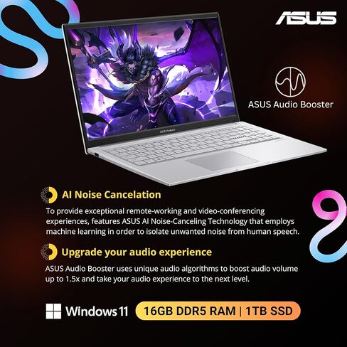 كمبيوتر محمول ASUS Vivobook 15 Business، شاشة لمس FHD مقاس 15.6 بوصة، Intel 10-Core i7-1355U(5 جيجاهرتز)، لوحة مفاتيح بإضاءة خلفية، Wi-Fi 6E، SonicMaster، لوحة مفاتيح رقمية، فضي، Windows 11 Home (16 جيجابايت رام | 1 تيرابايت SSD) in Saudi Arabia