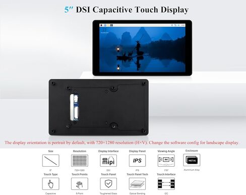شاشة لمس سعوية 5 بوصة DSI متوافقة مع Raspberry Pi 5/4B/3B+/3A+/CM5/CM4 3+/ ESP32-P4، 720 × 1280، شاشة IPS، لوحة زجاجية معززة بصرية، لمسة 5 نقاط، حافظة من سبائك الألومنيوم in Kuwait