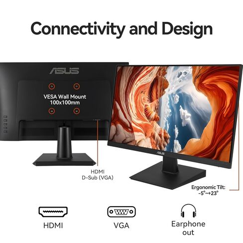 شاشة ASUS VA27EHE مقاس 27 بوصة للعناية بالعين، شاشة كمبيوتر عالية الدقة 1920x1080، 75 هرتز، IPS، مزامنة تكيفية، تقنية Eye Care Plus، مرشح الضوء الأزرق، خالية من الوميض، للعمل والألعاب، HDMI D-Sub، ضمان لمدة 3 سنوات in Kuwait