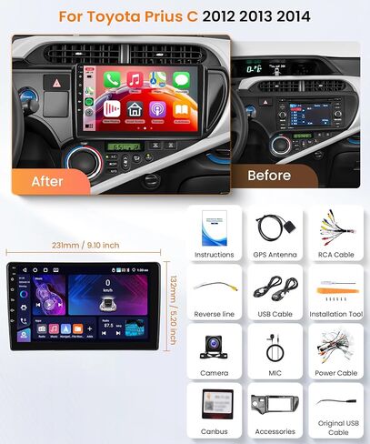 4Core 4G+64G Android 15 Car Stereo Radio for Toyota Prius C 2012 2013 2014, Rimoody Wireless Carplay Andorid auto Mirror Link 9'' Touchscreen GPS WiFi Bluetooth FM/RDS EQ-32 SWC Backup Camera in Saudi Arabia