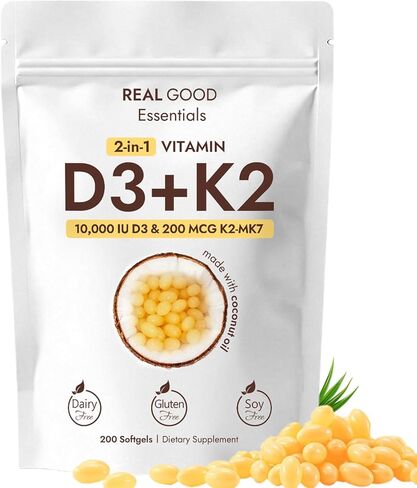 RealGood Essentials Vitamin D3 K2 10000 IU، 200 كبسولة هلامية من زيت جوز الهند البكر، مكمل فيتامينات 2 في 1 D & K (يشمل MK7)، سهل البلع، يدعم امتصاص الكالسيوم، صحة العظام (قطعة واحدة) in Kuwait