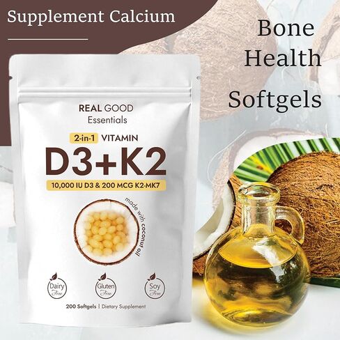 RealGood Essentials Vitamin D3 K2 10000 IU، 200 كبسولة هلامية من زيت جوز الهند البكر، مكمل فيتامينات 2 في 1 D & K (يشمل MK7)، سهل البلع، يدعم امتصاص الكالسيوم، صحة العظام (قطعة واحدة) in Kuwait