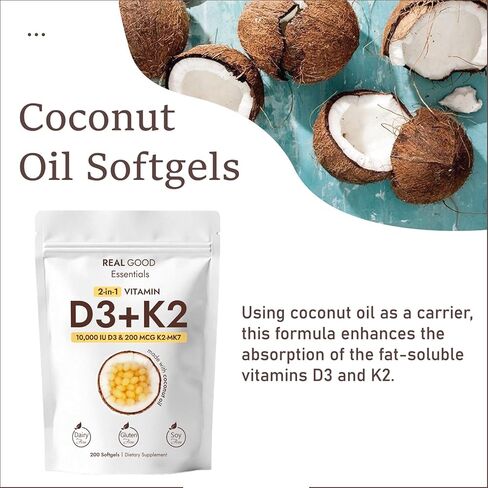 RealGood Essentials Vitamin D3 K2 10000 IU، 200 كبسولة هلامية من زيت جوز الهند البكر، مكمل فيتامينات 2 في 1 D & K (يشمل MK7)، سهل البلع، يدعم امتصاص الكالسيوم، صحة العظام (قطعة واحدة) in Kuwait