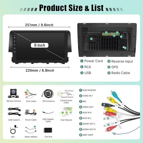 راديو سيارة 8 Core 4+64G لسيارة Honda Civic 2001-2005 ستيريو مع Carplay لاسلكي Android Auto 9 بوصة IPS شاشة تعمل باللمس واي فاي GPS للملاحة / بلوتوث / وصلة مرآة / FM / SWC / كاميرا احتياطية / شاشة مقسمة in Saudi Arabia