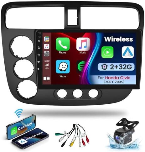 8 Core 4+64G Car Radio for Honda Civic 2001-2005 Stereo with Wireless Carplay Android Auto 9" IPS Touch Screen WiFi GPS Navigation/Bluetooth/Mirror Link/FM/SWC/Back-up Camera/Split Screen in Kuwait