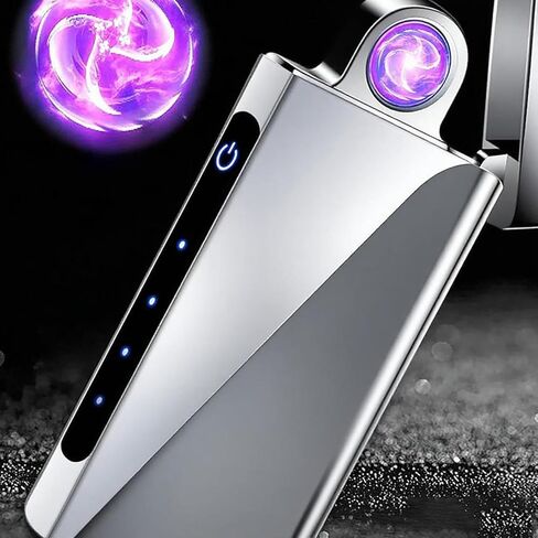 ولاعة بلازما بقوس دوار - ولاعة كهربائية قابلة لإعادة الشحن عبر USB مع شاشة LED، تصميم بحجم الجيب للتخييم، والشموع، والخارج (فضي) in Kuwait