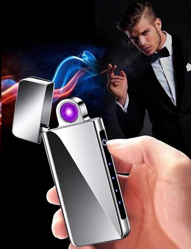 ولاعة بلازما بقوس دوار - ولاعة كهربائية قابلة لإعادة الشحن عبر USB مع شاشة LED، تصميم بحجم الجيب للتخييم، والشموع، والخارج (فضي) in Kuwait