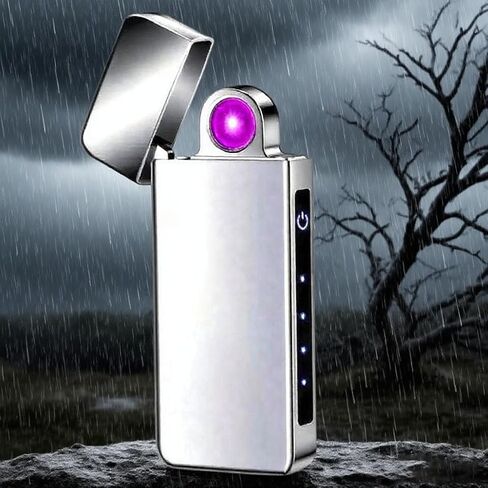 ولاعة بلازما بقوس دوار - ولاعة كهربائية قابلة لإعادة الشحن عبر USB مع شاشة LED، تصميم بحجم الجيب للتخييم، والشموع، والخارج (فضي) in Kuwait